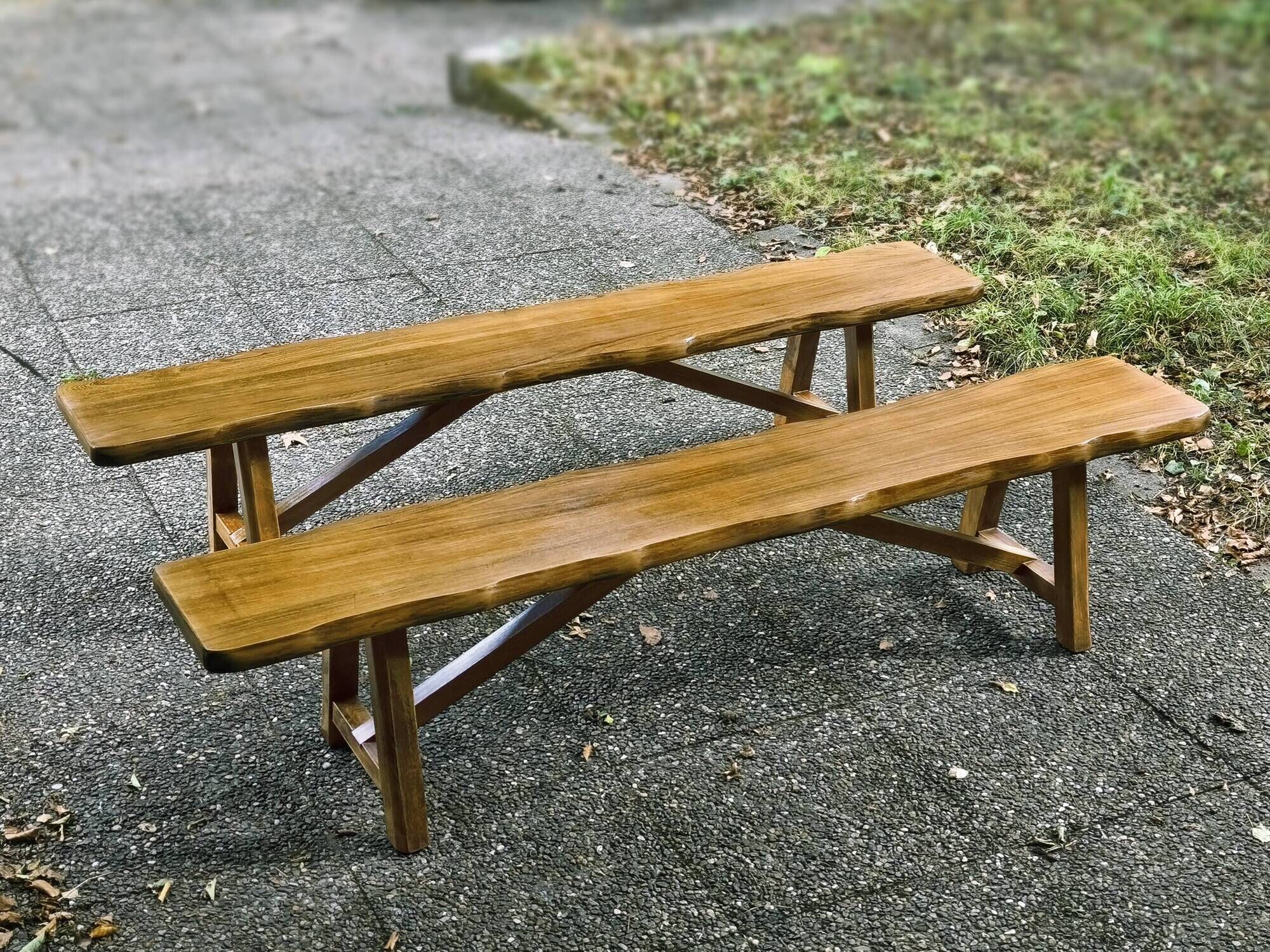 Pair of brutalist benches in solid blond elm by Aranjou, France, 1970s