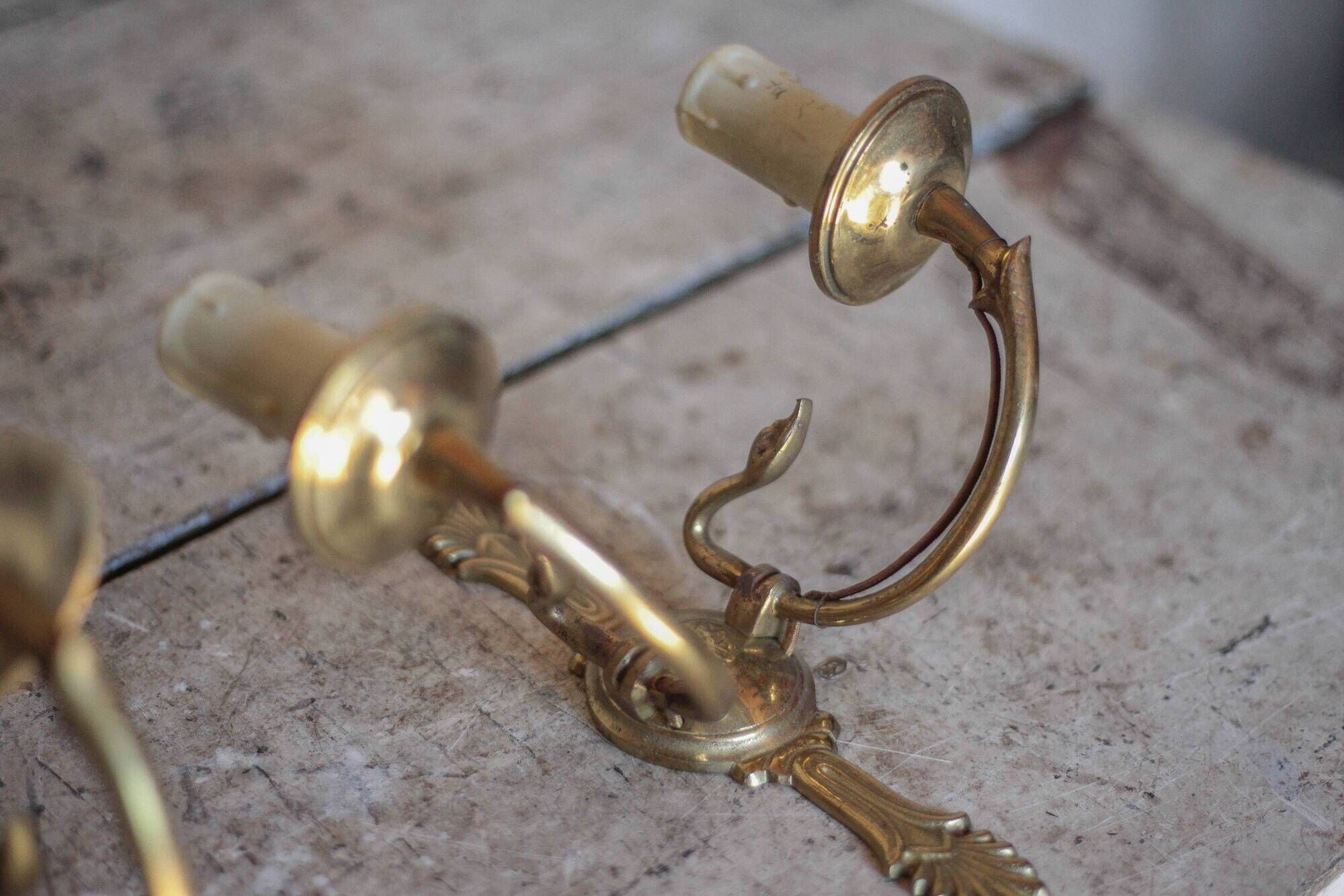 Pair of Empire style bronze wall lights, bronze wall light with palmette and swan neck.