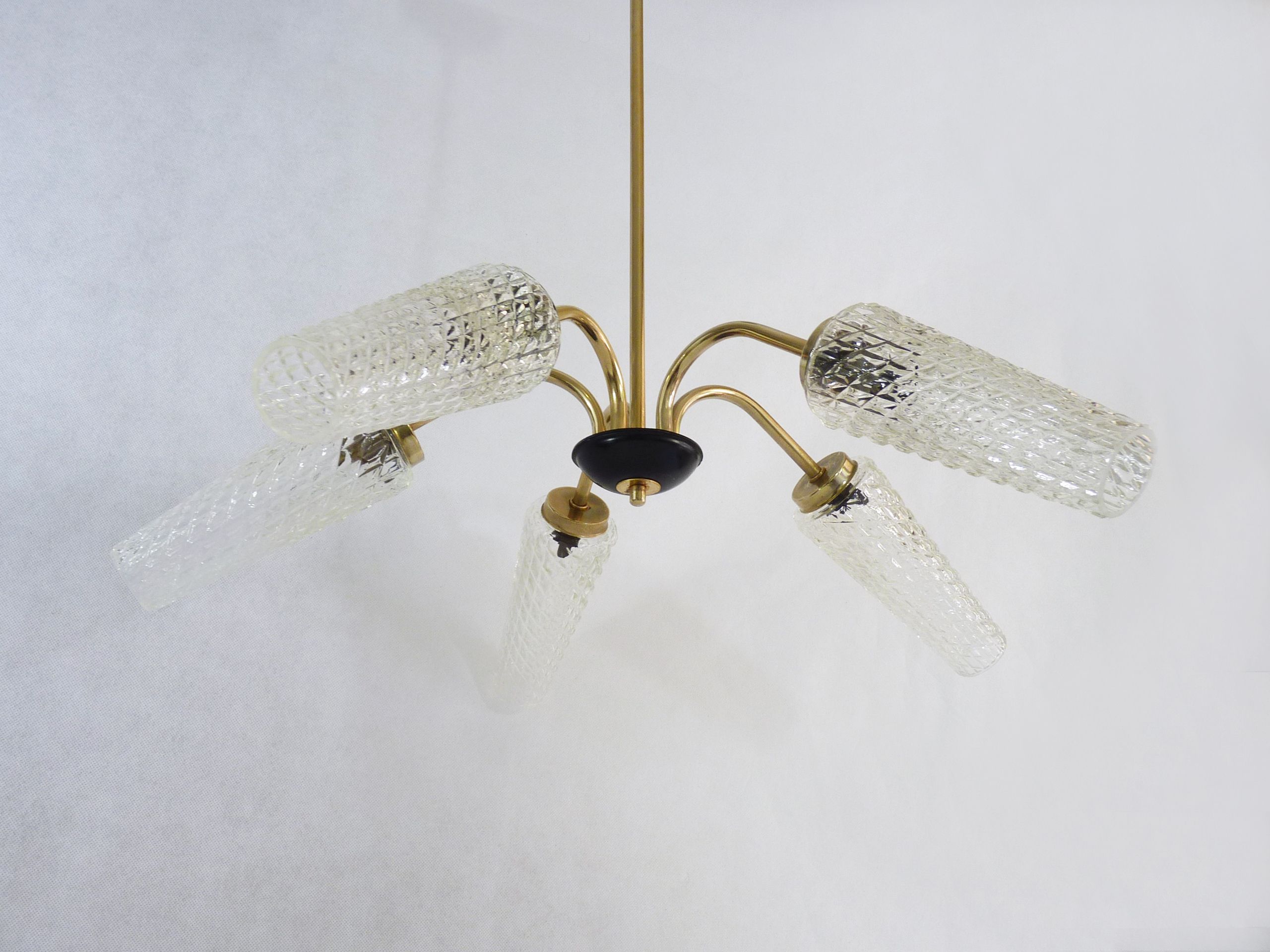 Old 5-branch chandelier, brass and glass tulips, vintage light fixture