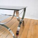 Rectangular coffee table in smoked glass and chrome double trays Design 1970
