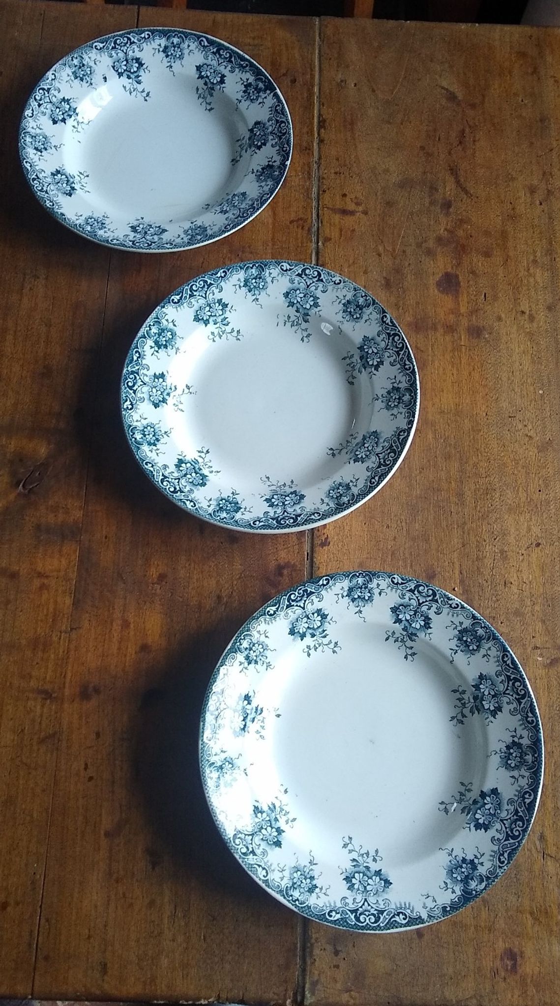 3 assiettes creuses terre de fer au motif fleuri gris ardoise