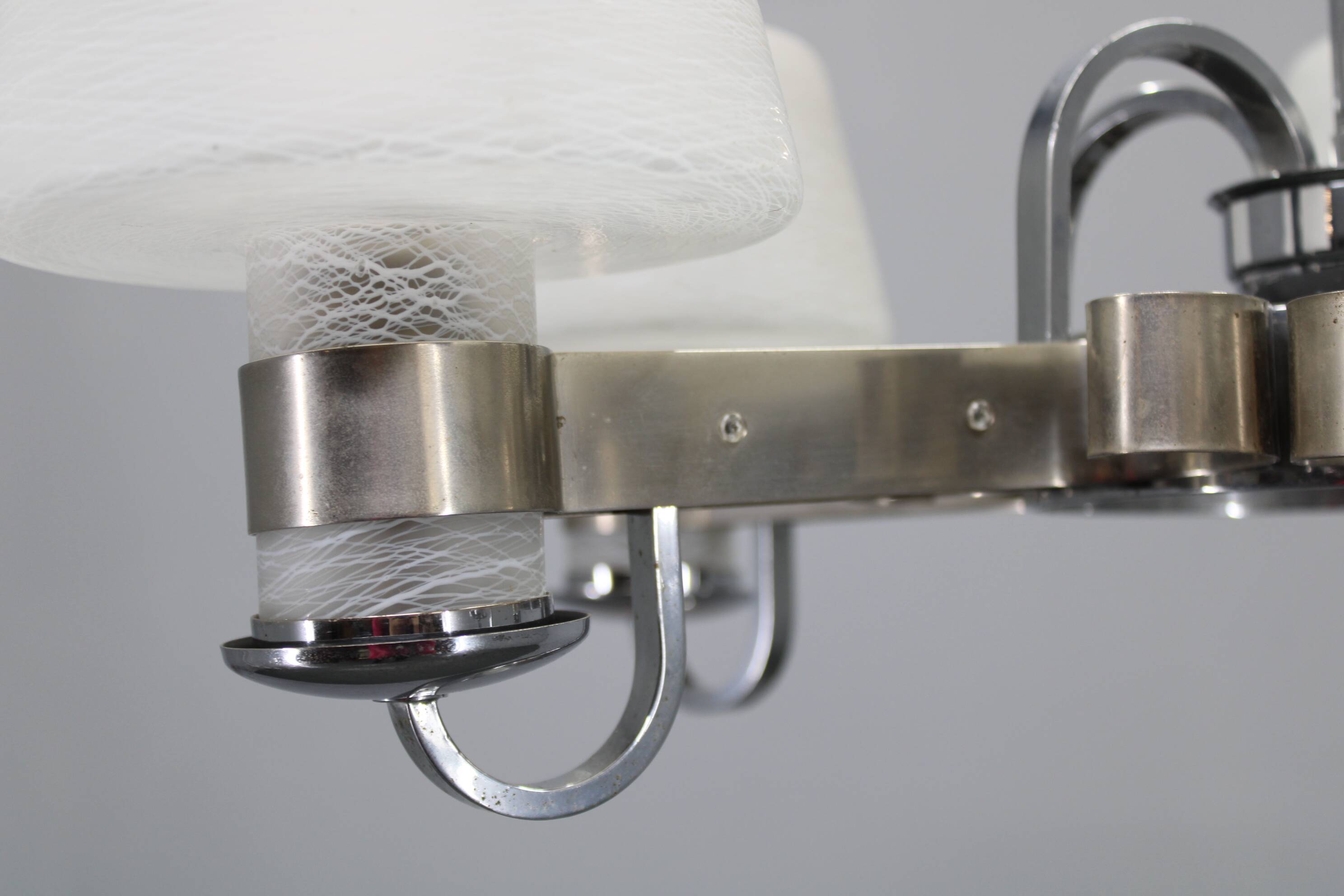 Art Deco nickel chandelier with textured glass, Czechoslovakia, 1930s