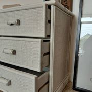 Vintage cane commode with 3 drawers - white patinated wood - seaside spirit