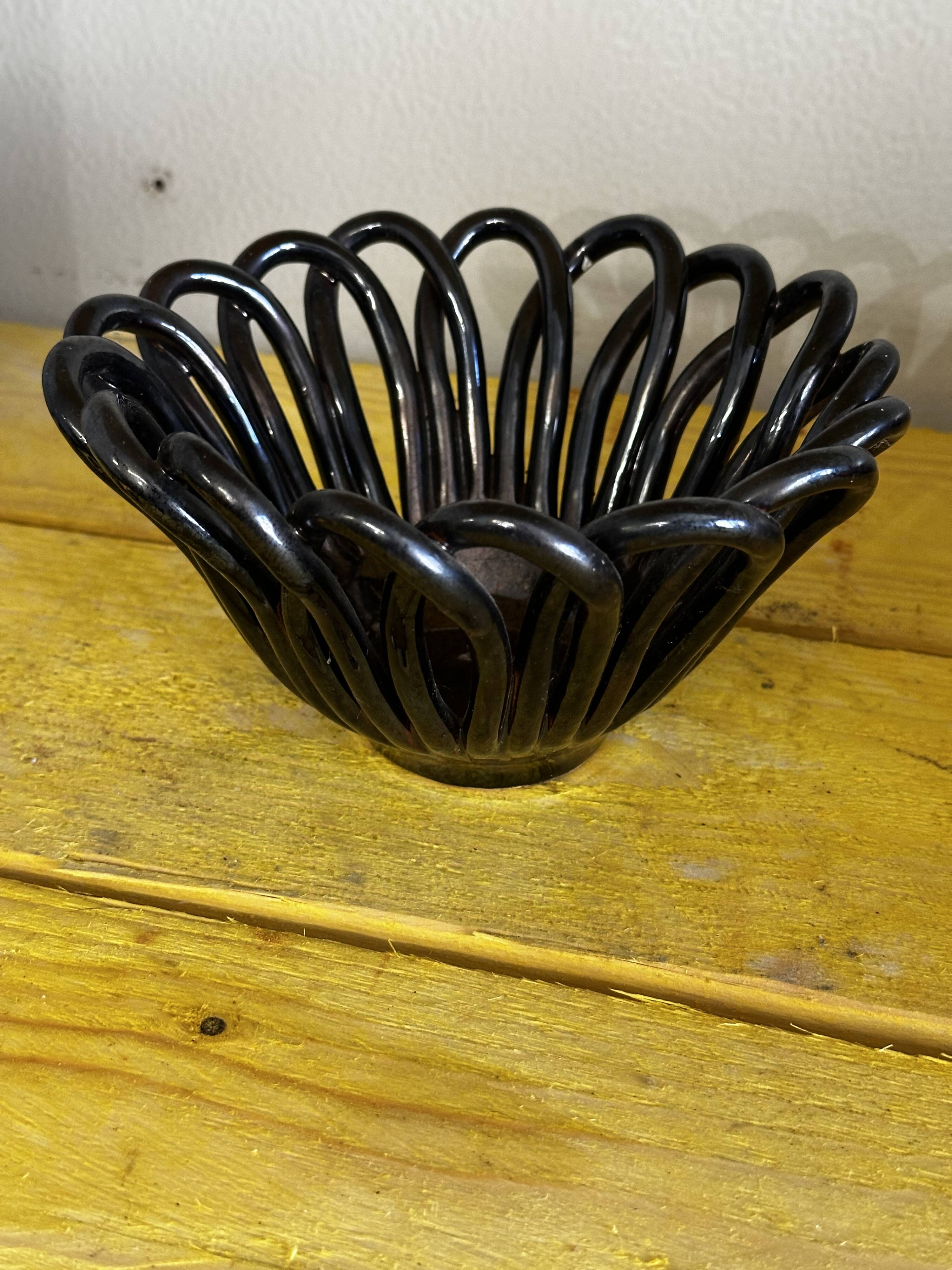 Small Basket - Iridescent Black Braided Ceramic Empty Pocket - 70's German