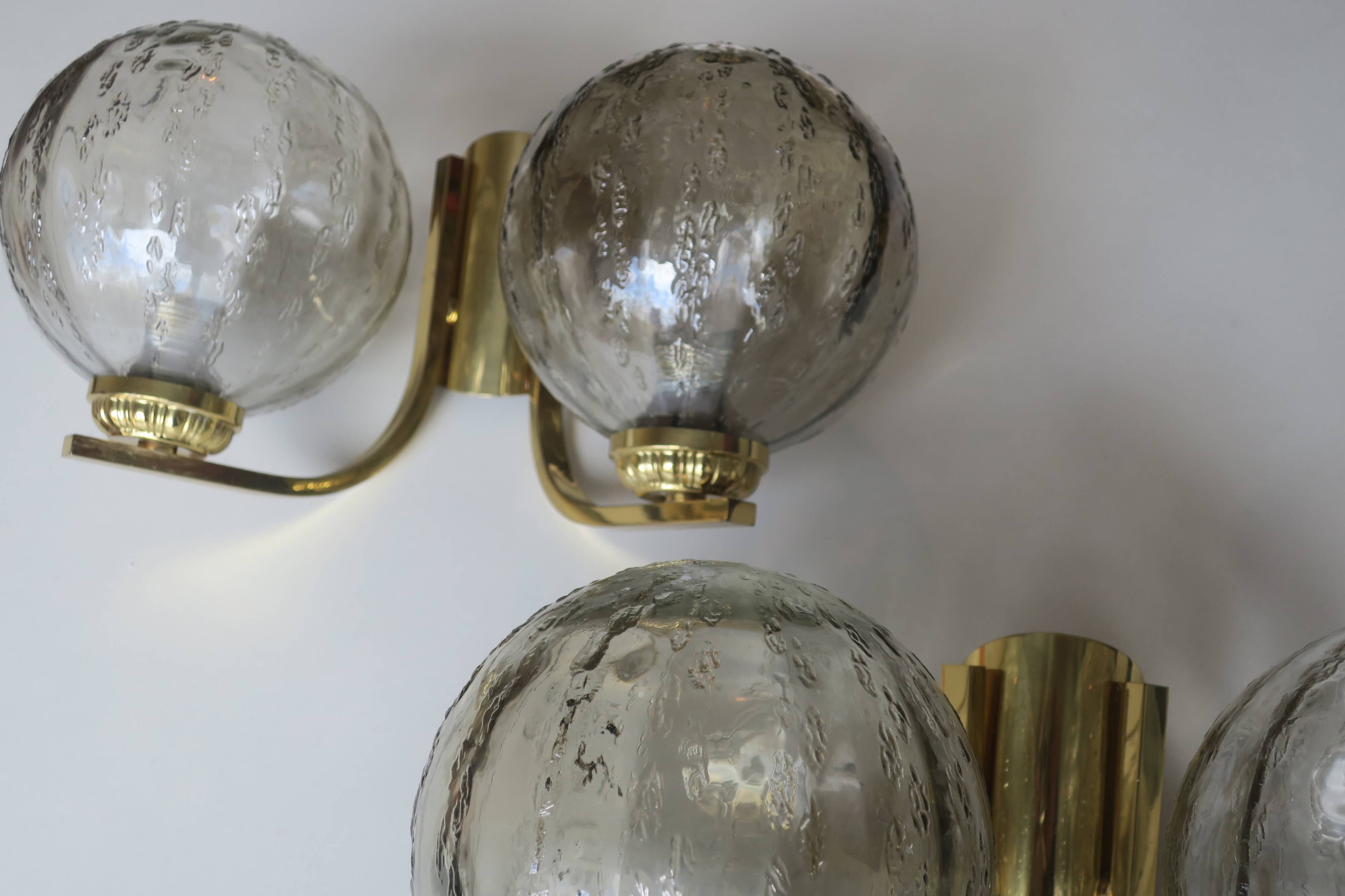 Vintage pair of brass and glass double wall lights, 1970s