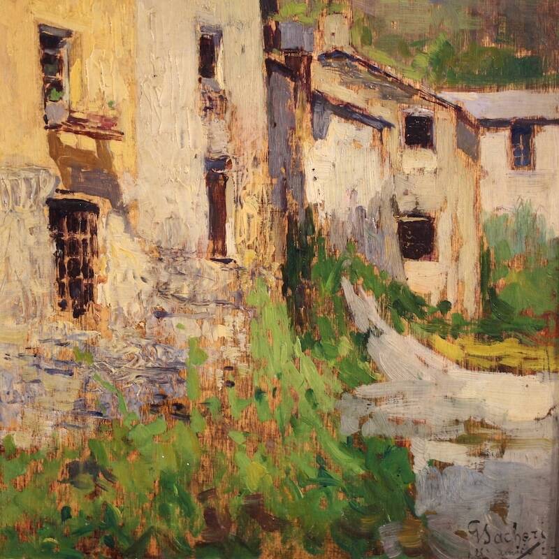 Italian landscape painting view of houses from the 20th century