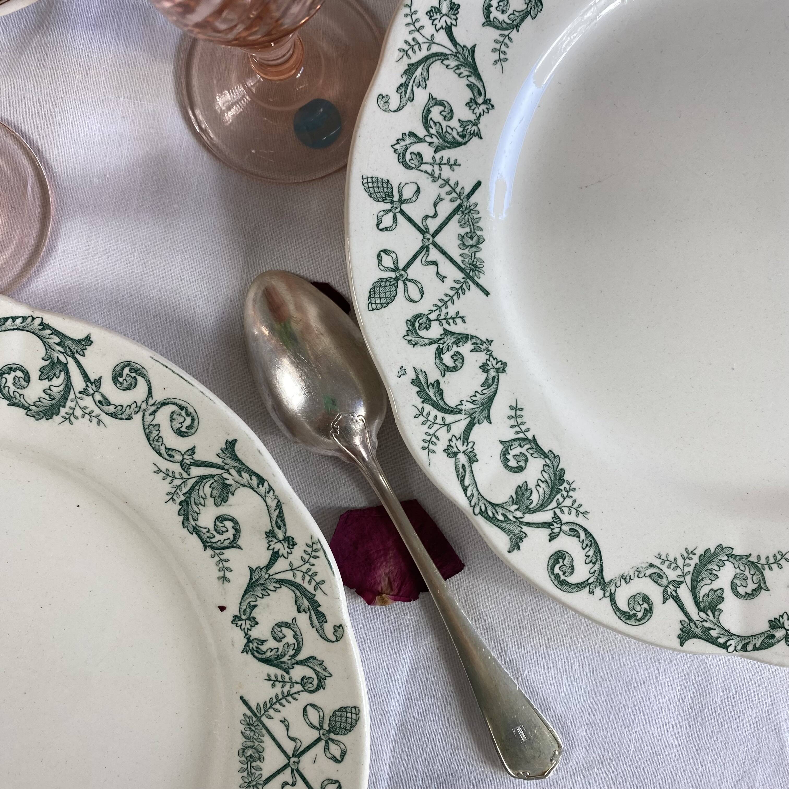 6 Longchamp ironstone dessert plates, Treviso pattern, green earthenware