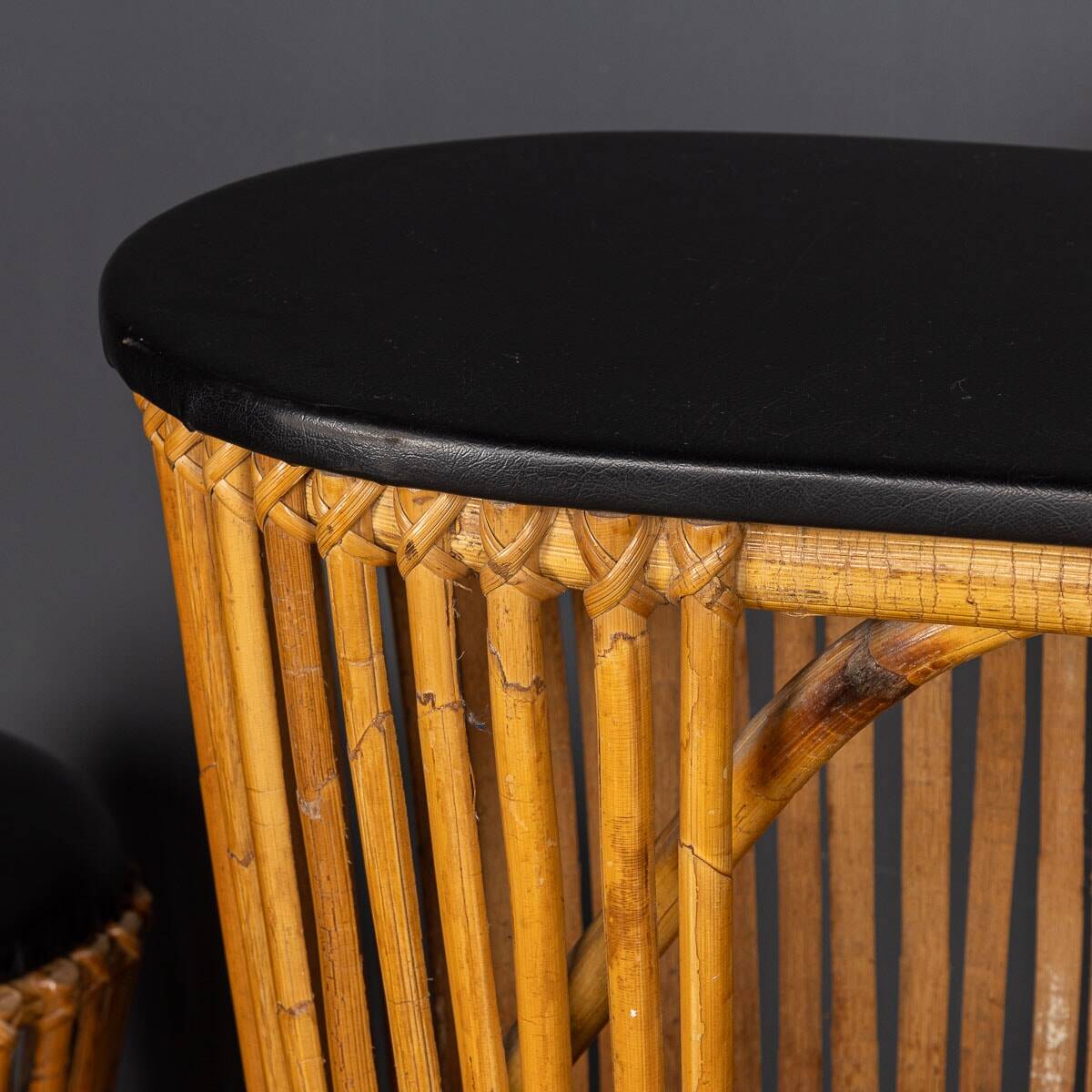 Striking 20thc italian standing bamboo dry bar & stools c.1960