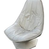 Fauteuil pivotant vintage en cuir crème avec pied octogonal Design 1970