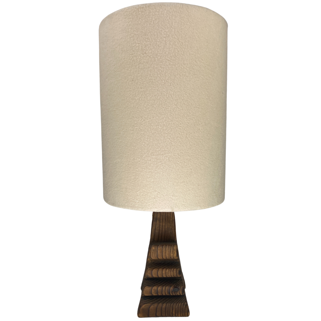 Brutalist wooden table lamp with teddy boucle shade. Dutch, 1970s