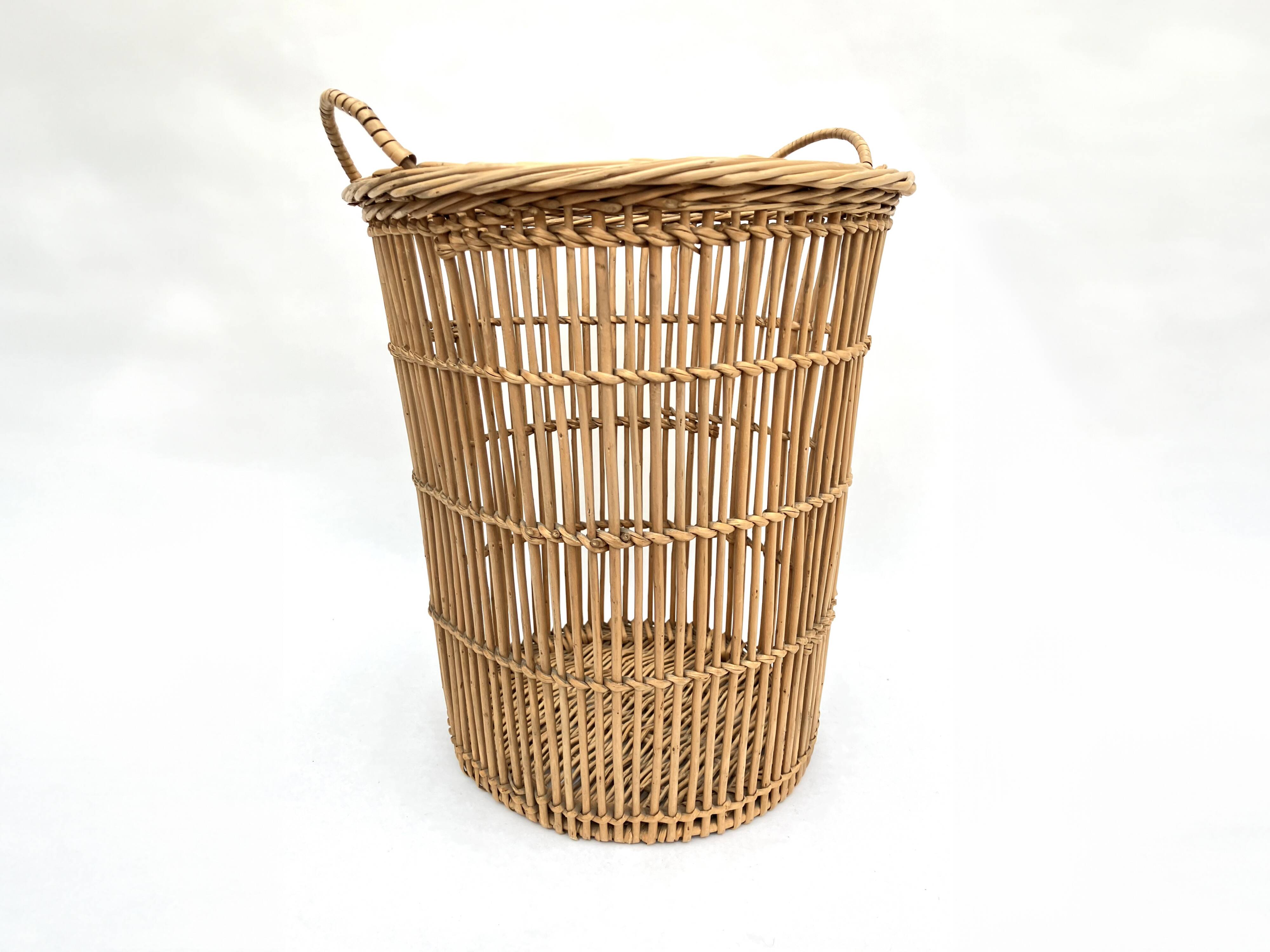 Ancienne corbeille/panière à papier en osier et rotin à 2 anses • Années 50 • Artisanale