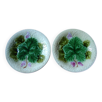 2 OLD SLIP PLATES DECORATED WITH VINE AND GRAPE LEAVES