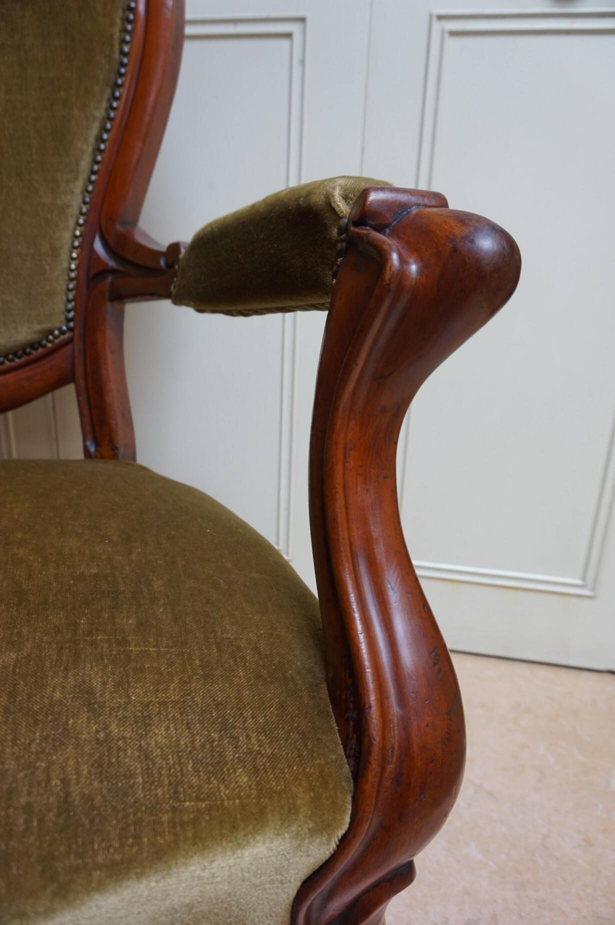 Mahogany Napoleon III Armchair with Carved Grapes  Decoration on Top, 1870s