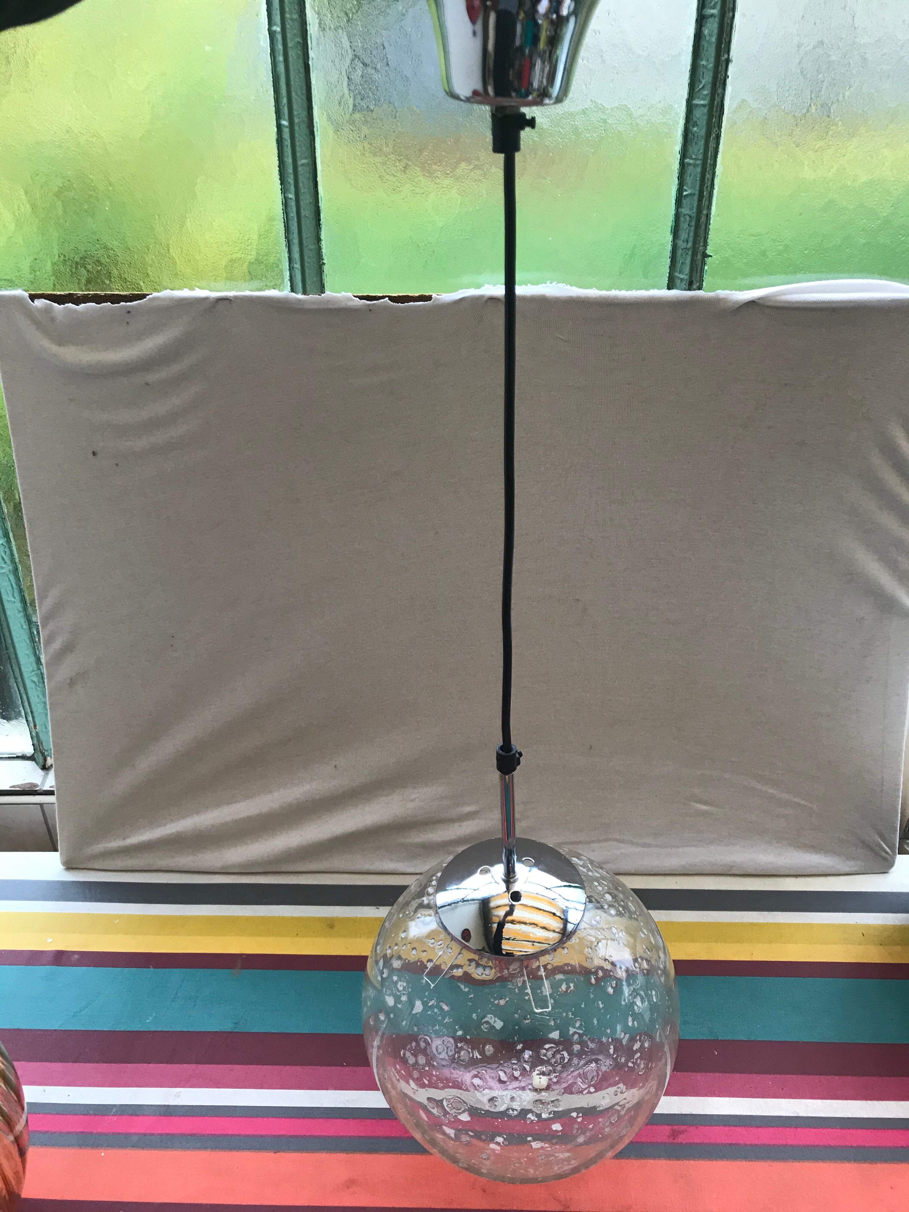 Old glass ball suspension with white inclusions - vintage chrome support