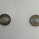 Pair of round glass wall lights, brass base and Wood Wood, 1960s, Italy.