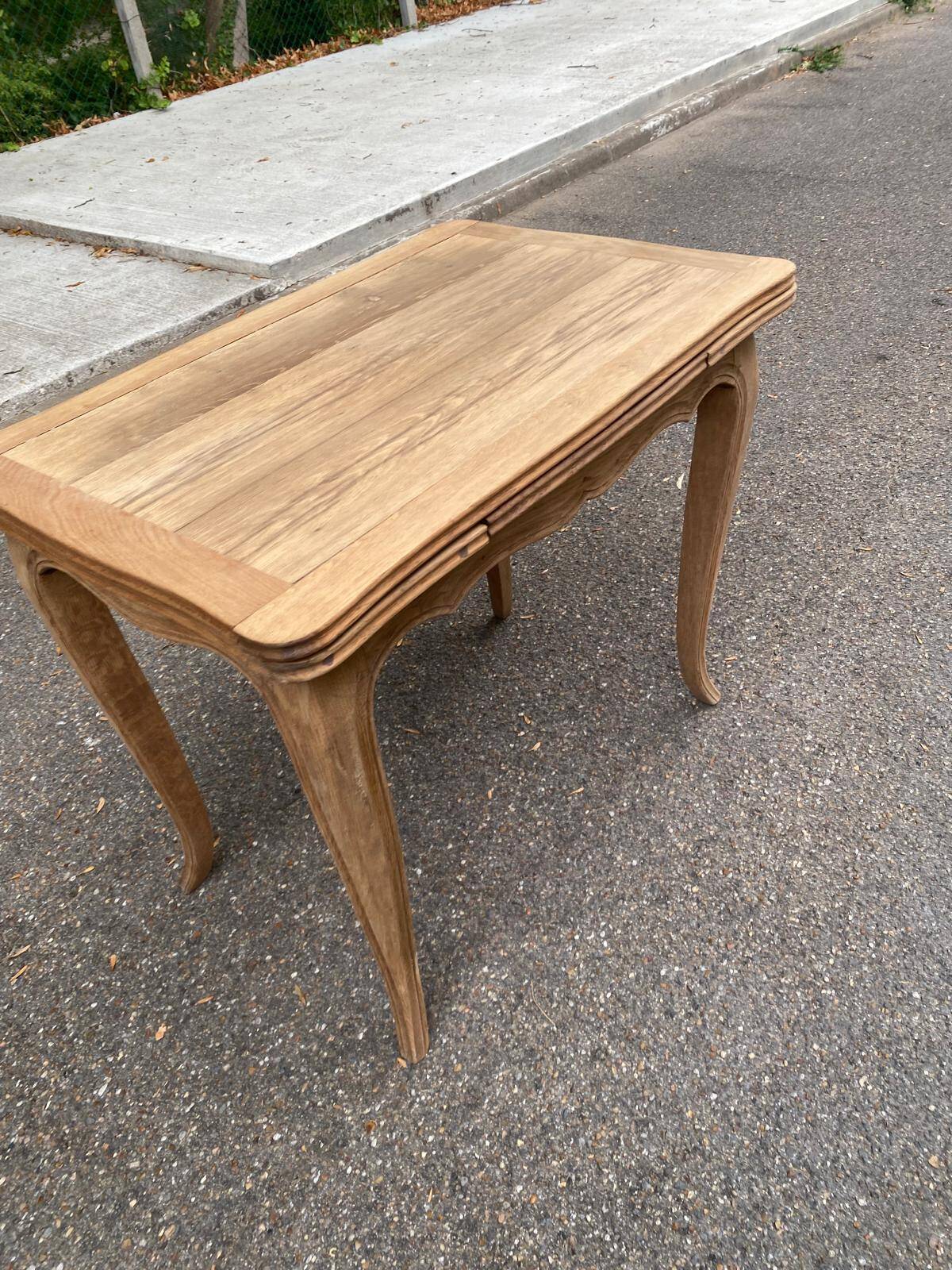 Small dining table, extendable Louis XV kitchen table, stripped oak.