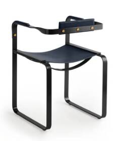 Armchair, smoked black steel and navy blue leather, contemporary style.