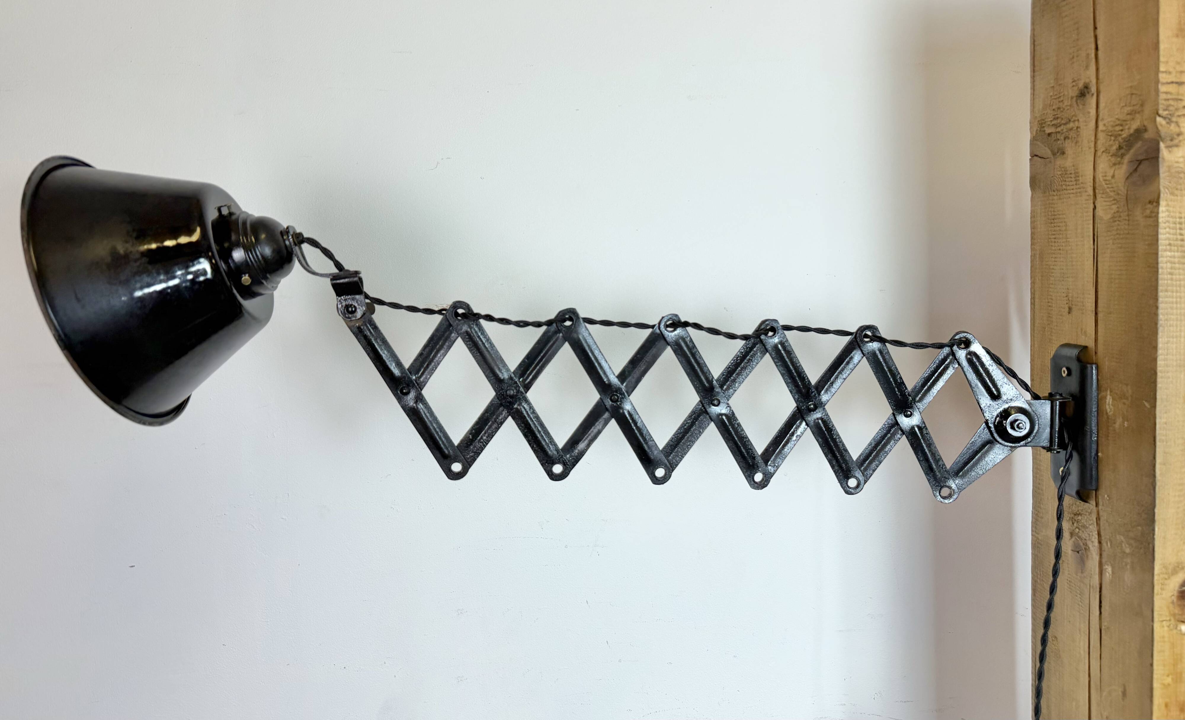 Industrial Black Enamel Scissor Wall Lamp, 1930s