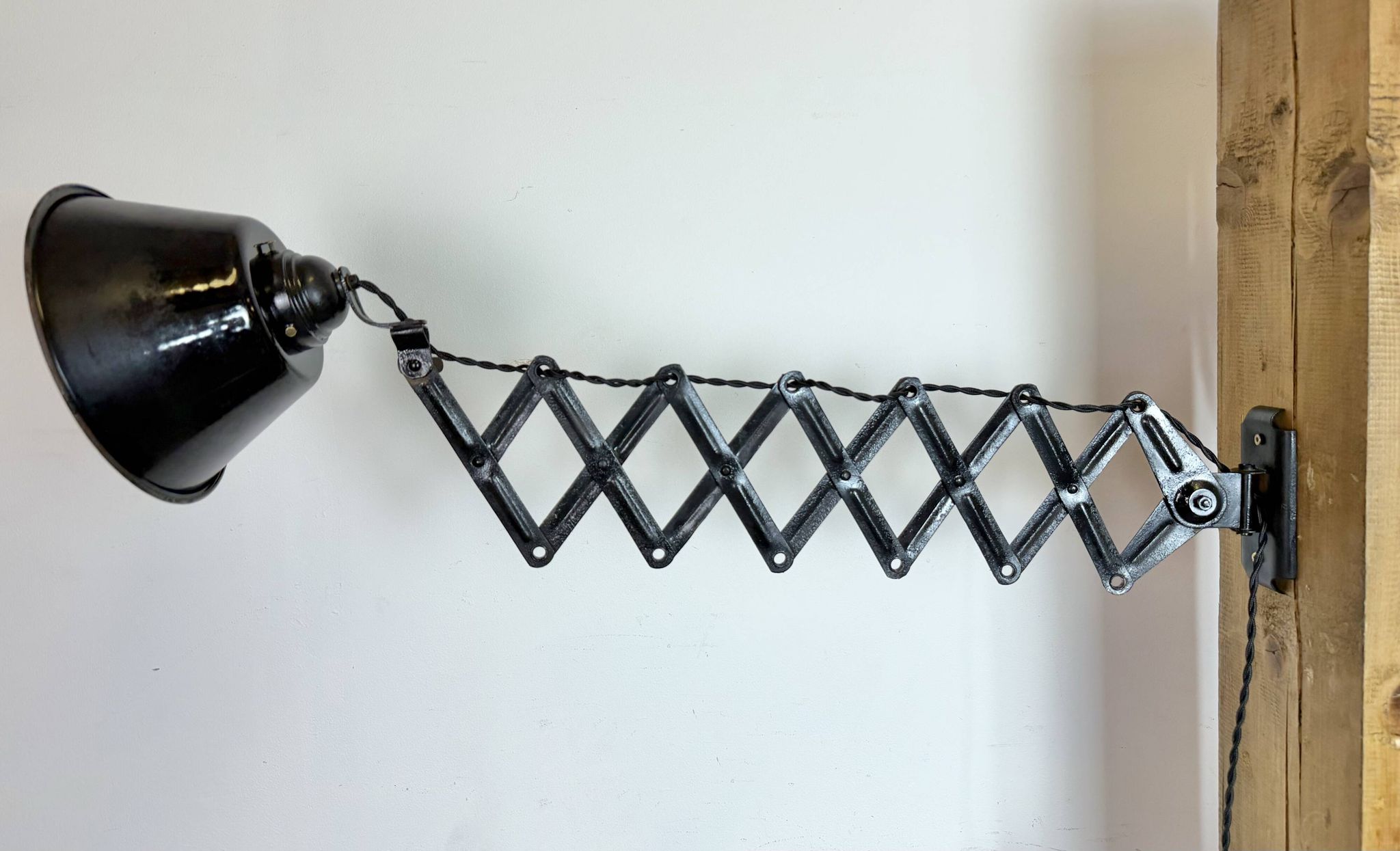 Industrial Black Enamel Scissor Wall Lamp, 1930s