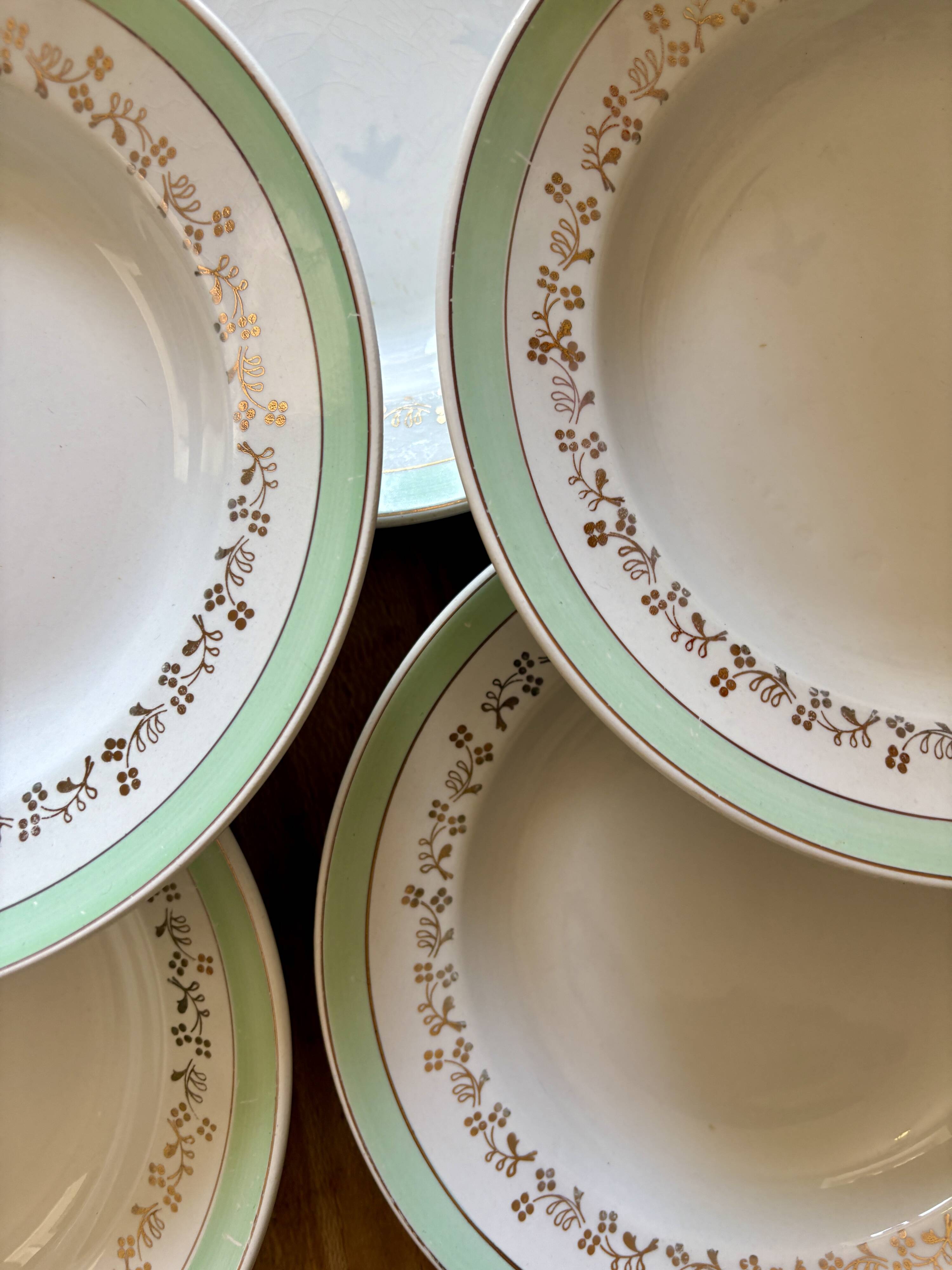 Set of 12 white, mint and gold soup plates, Mosèle de Luné model