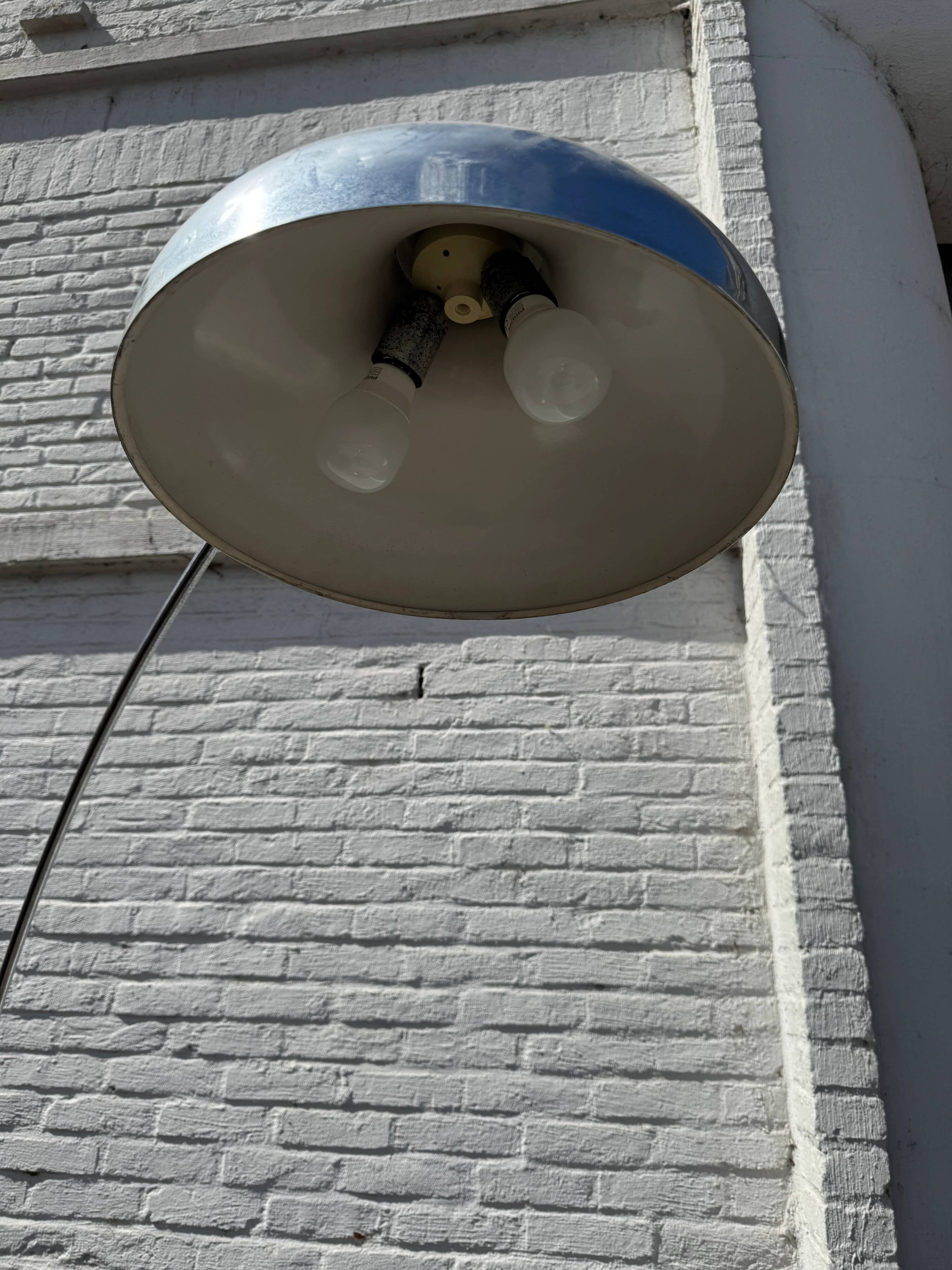Oversized White Marble & Chrome Arc Floor Lamp — 1970s Italian Aluminum Dome
