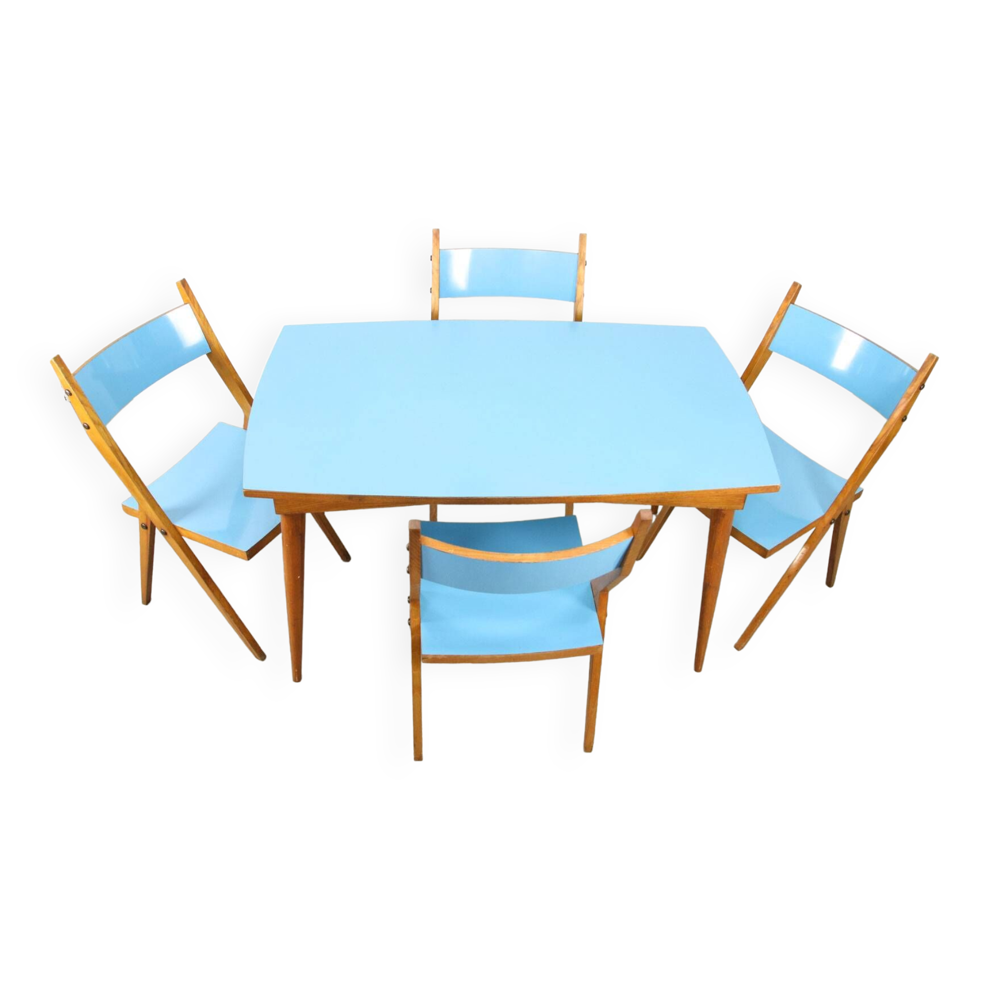 Mid-century Italian Wooden Dining Set of 5 in Blue