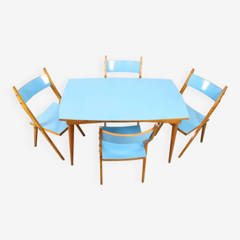 Ensemble de salle à manger vintage en bois de 5 personnes en bleu, Italie