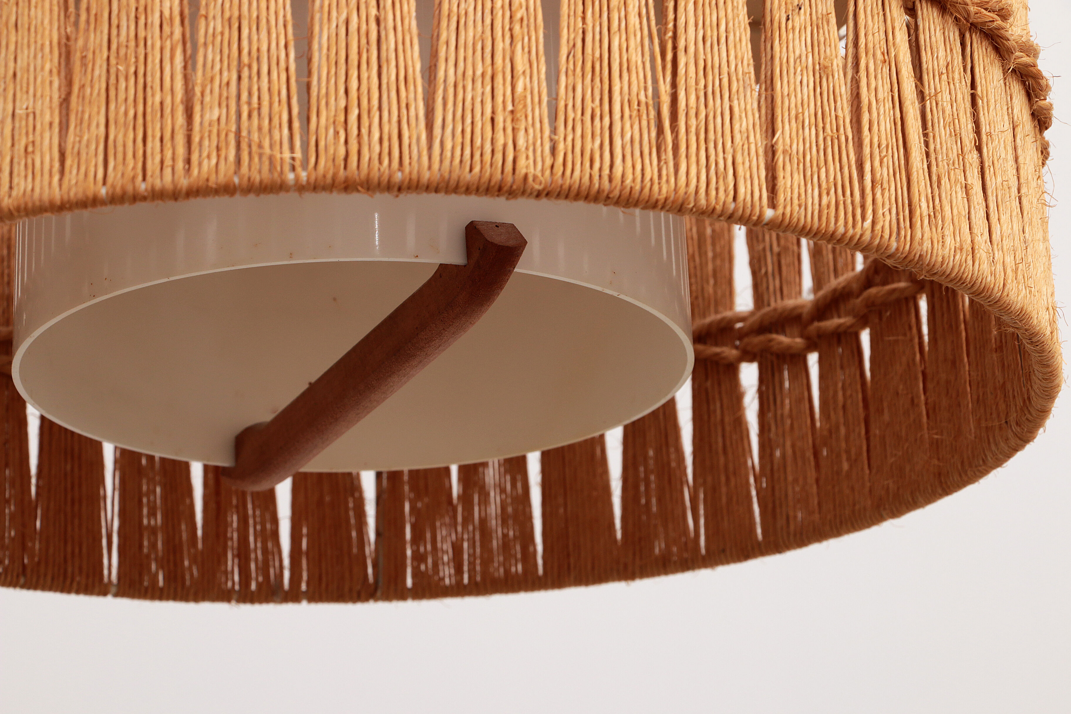 Vintage Temde Hanging Lamp with Teak and Raffia 1960s Germany.