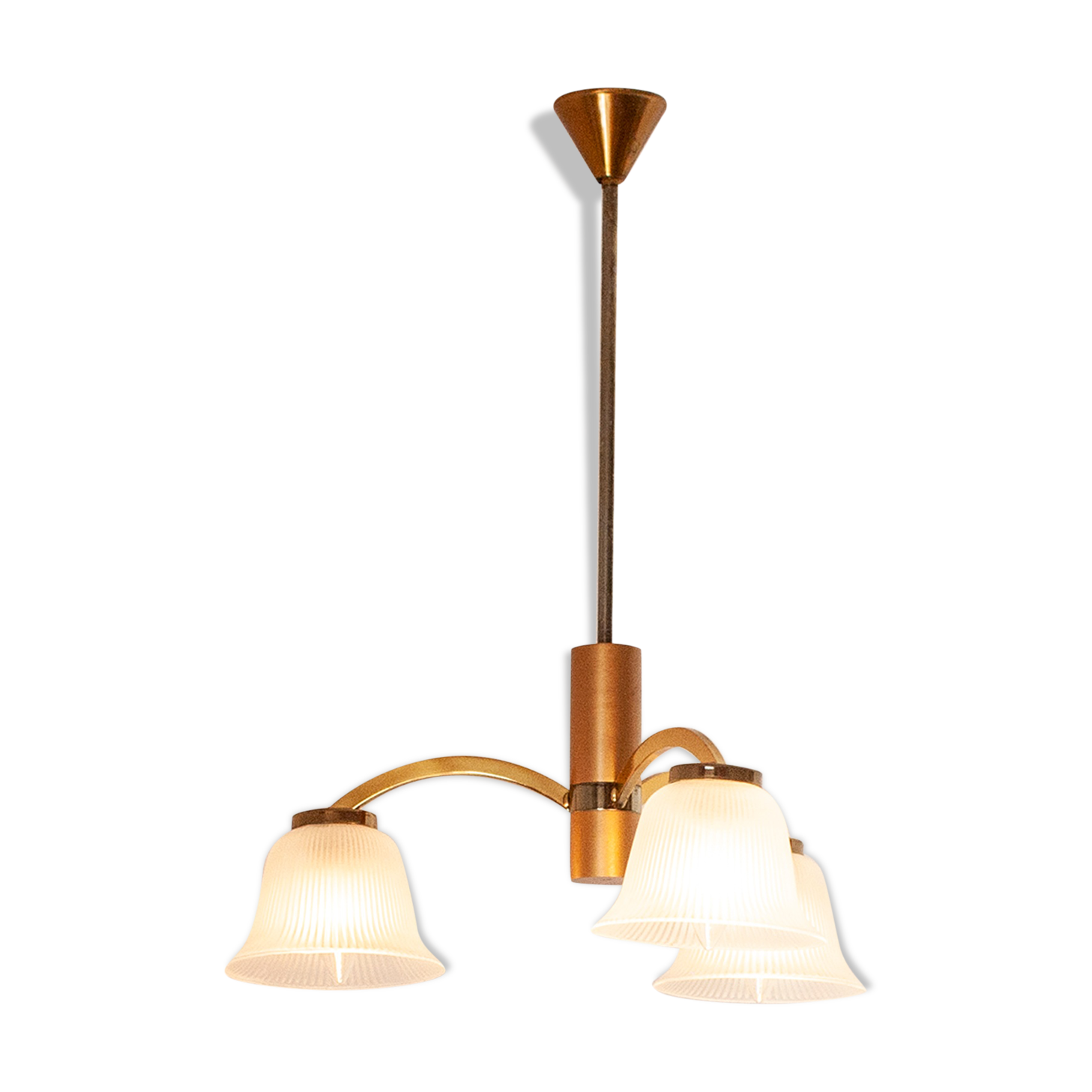 Mid-Century Ceiling Lamp in Brushed Gold with Lampshade in Ribbed Glass G.V. Luminaires