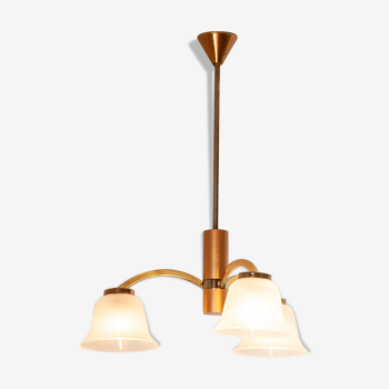 Mid-Century Ceiling Lamp in Brushed Gold with Lampshade in Ribbed Glass G.V. Luminaires