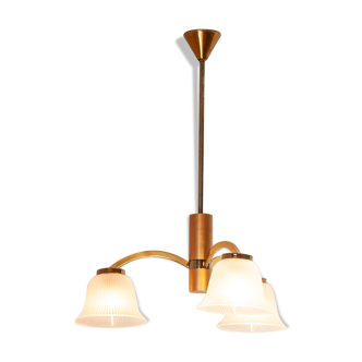 Mid-Century Ceiling Lamp in Brushed Gold with Lampshade in Ribbed Glass G.V. Luminaires