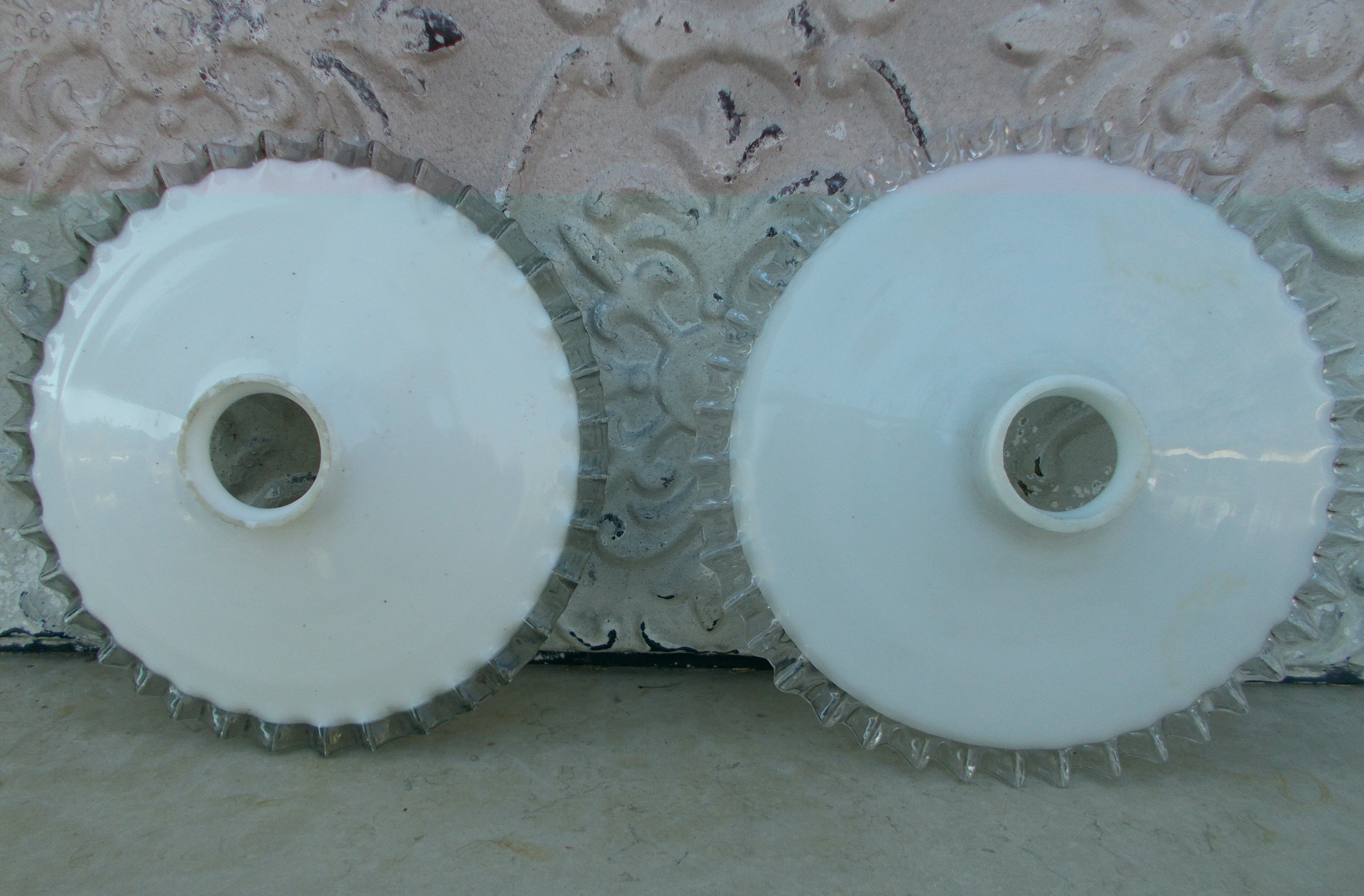 2 old white opaline serrated lampshades