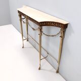 Vintage walnut console with a portuguese pink marble top and brass frame, italy