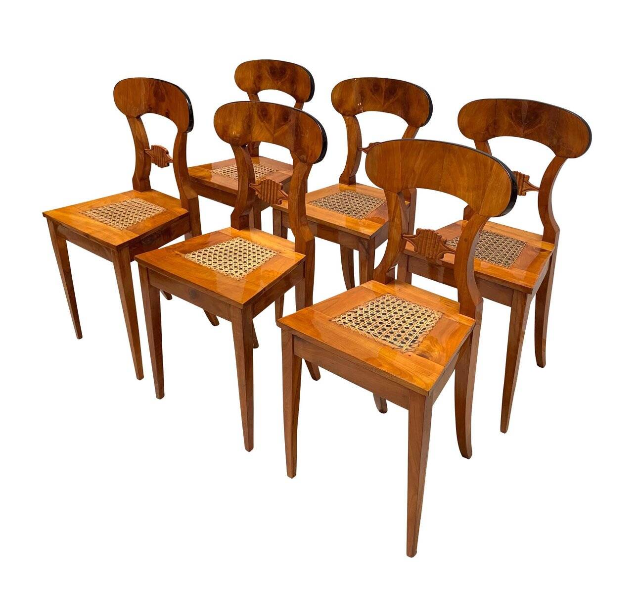 Biedermeier Board Chairs in Cherry Veneer and Mesh, Vienna, 1830s, Set of 6