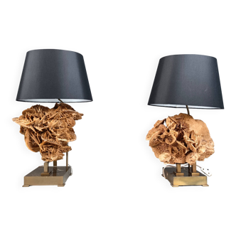 Brass and stone rose table lamps, 1970s