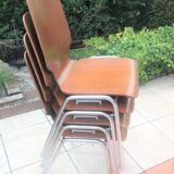 Suite of four chairs in teak color multiplis and chrome / vintage feet 60s-70s