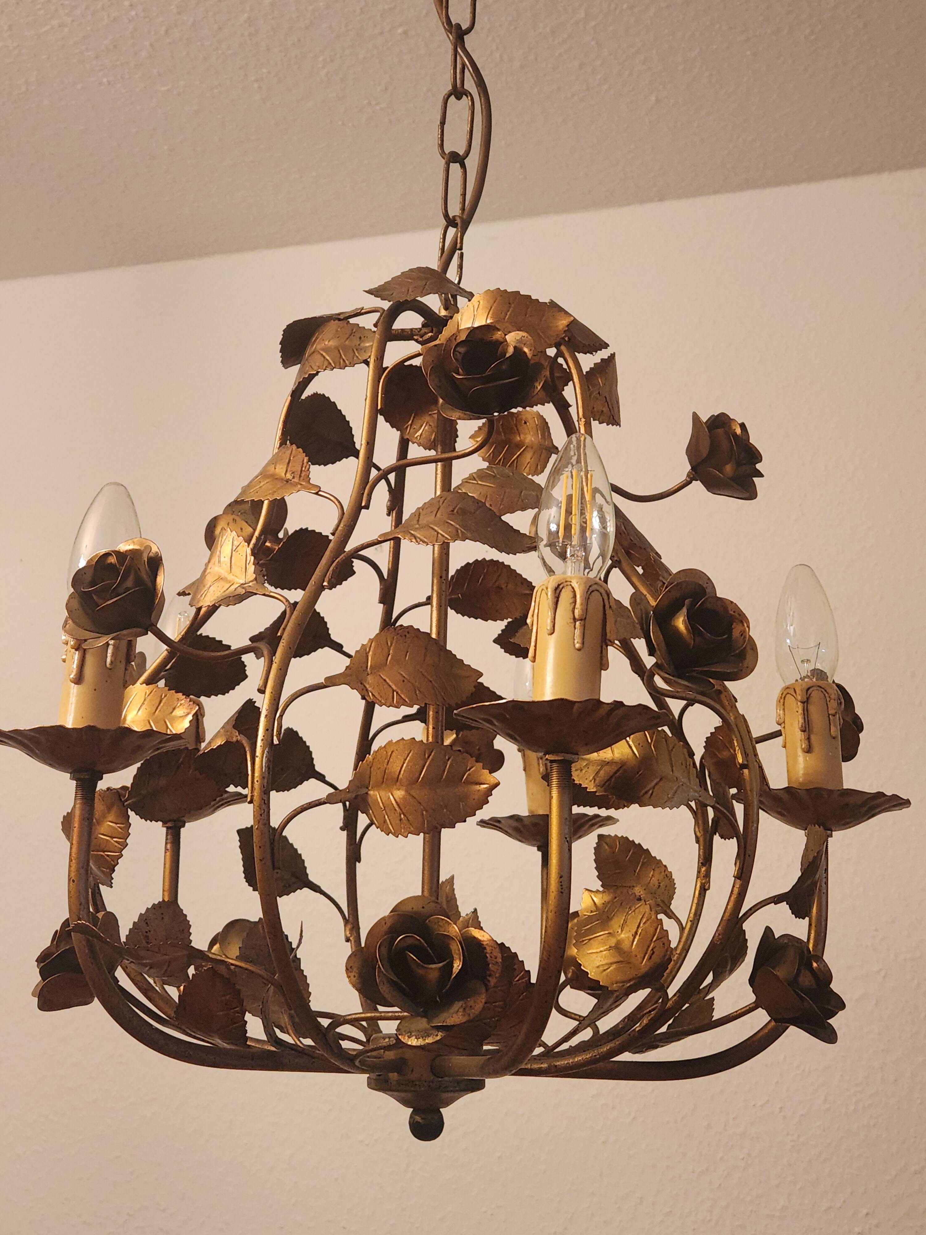 Chandelier hand-forged Hollywood Regency rose leaf decorations