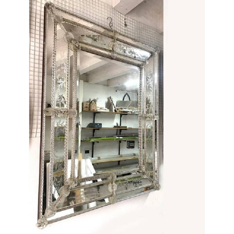 Venetian Rectangular Floreal Hand-Carving Wall Mirror in Murano Glass Style