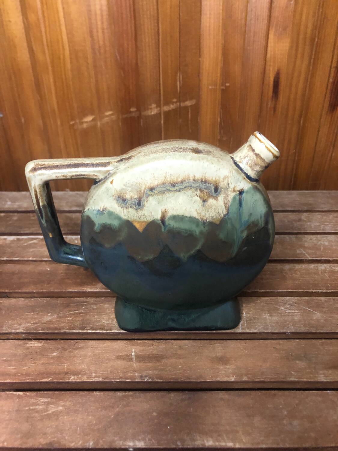 Old beige & green ceramic bottle + vintage handle