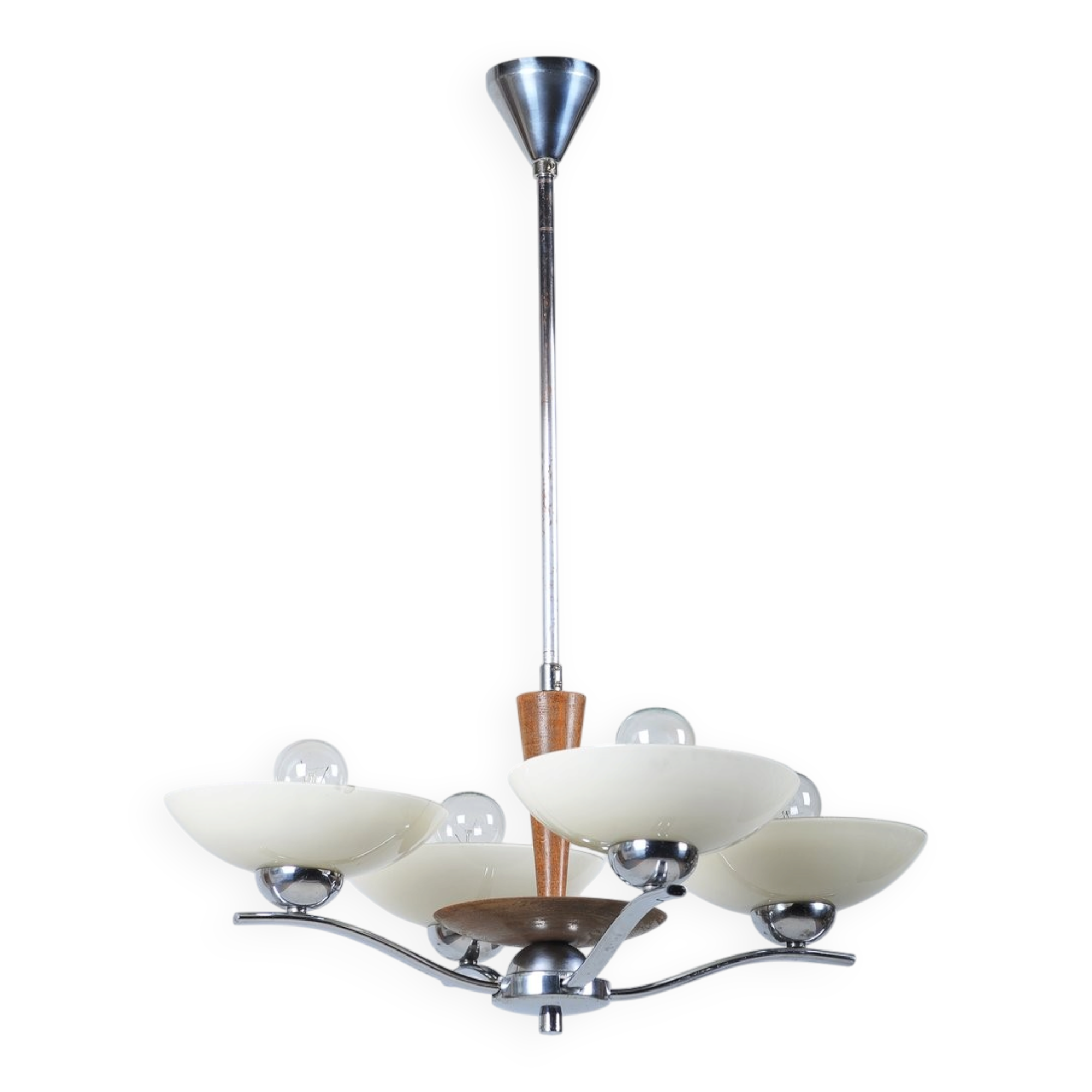 Art Deco Chandelier in Chromed Steel, Beech and Opal Glass, Czech, 1920s