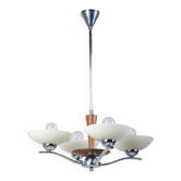 Art Deco Chandelier in Chromed Steel, Beech and Opal Glass, Czech, 1920s