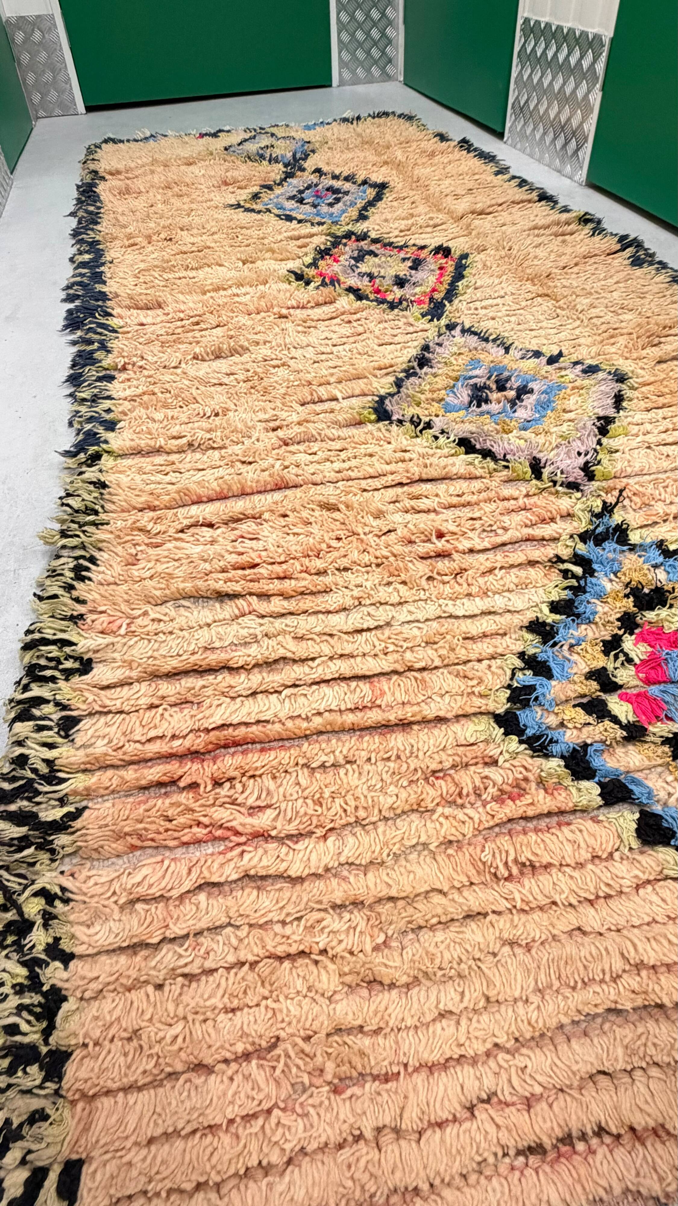 Vintage beige apricot Berber hallway rug with colourful patterns – 280 × 110 cm
