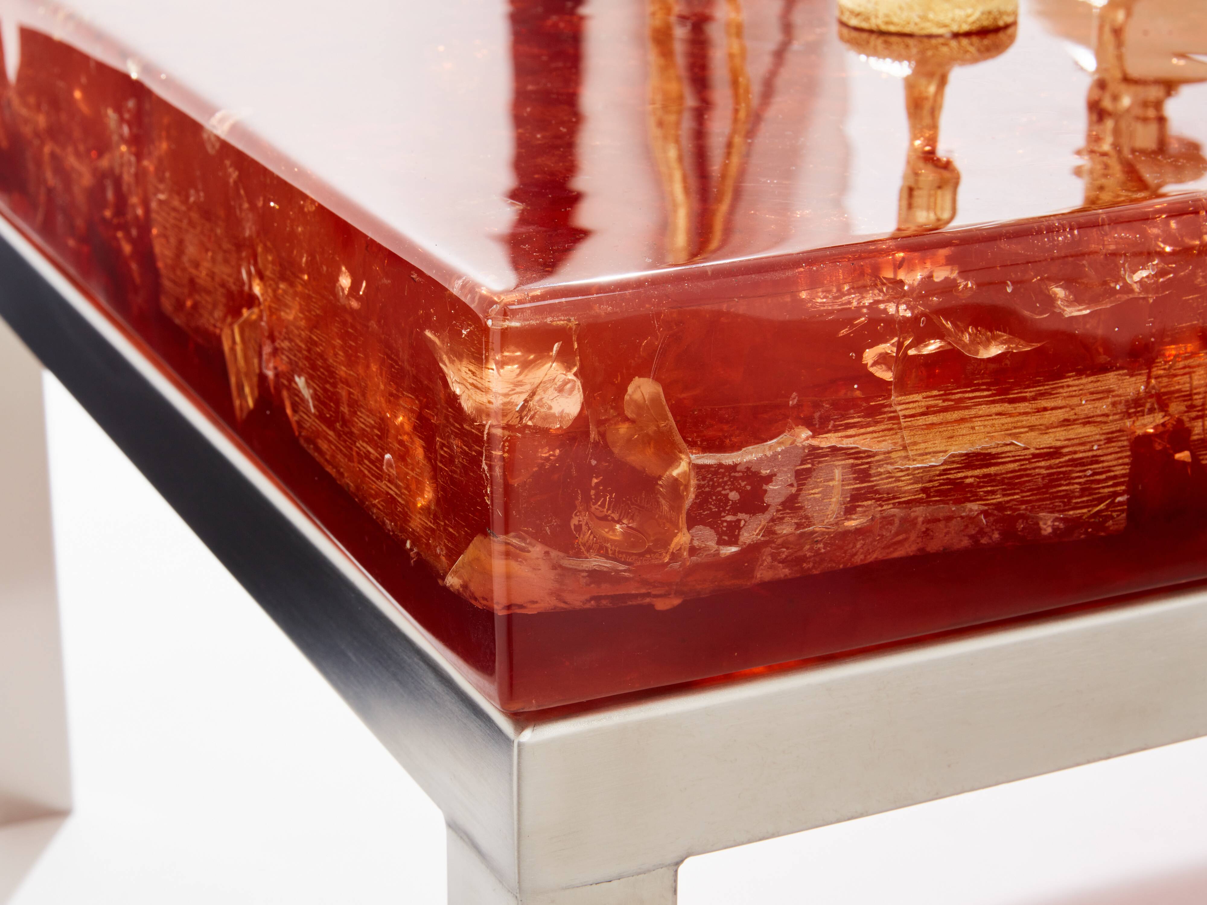 Marie-Claude De Fouquières orange fractal resin coffee table 1970