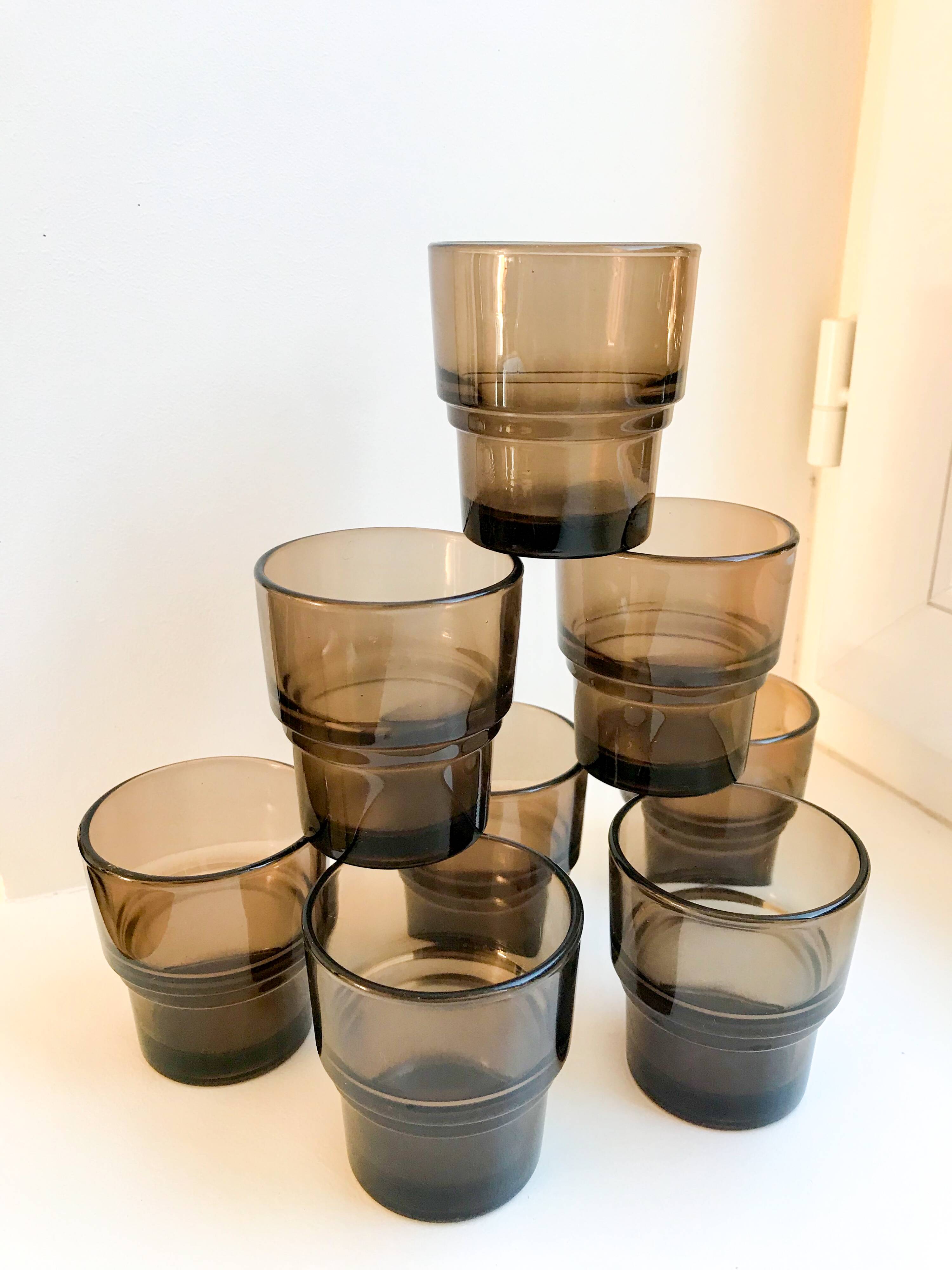 set of 8 Vereco smoked glass glasses Made in France 1970s