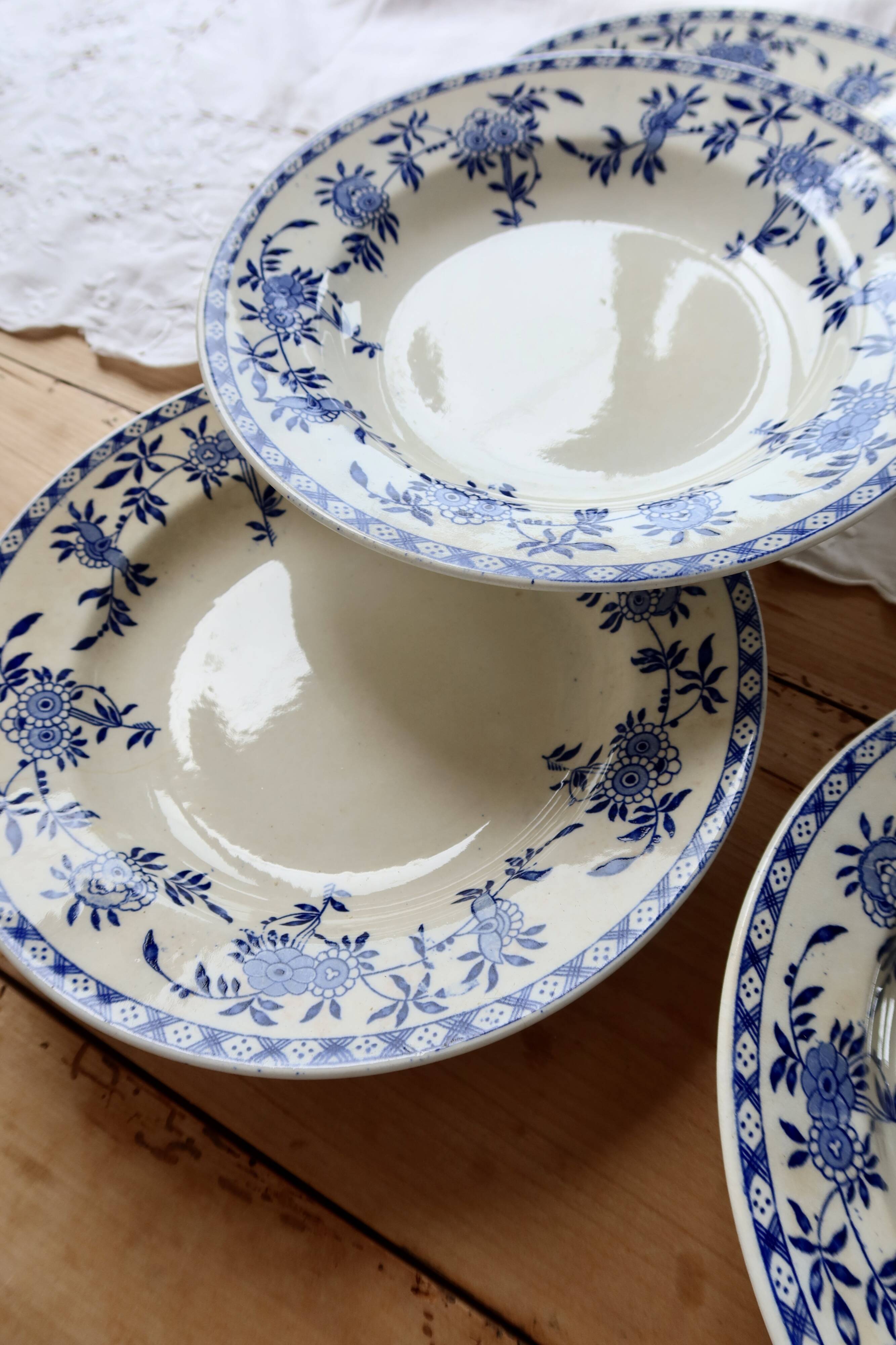 6 antique deep plates, blue and white Dresden porcelain