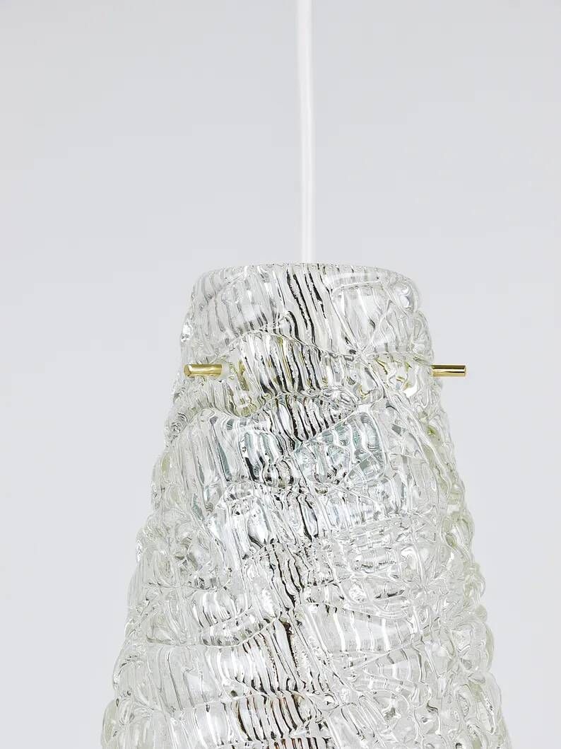 J.T. Kalmar Mid-Century Textured Glass & Brass Pendant Lamp, Austria, 1950s
