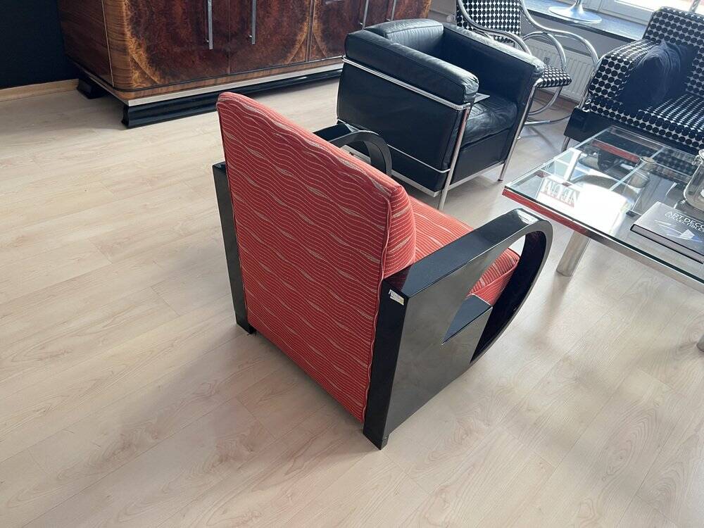 Art Deco Club Chair, Black Lacquer and Red Fabric, France circa 1930