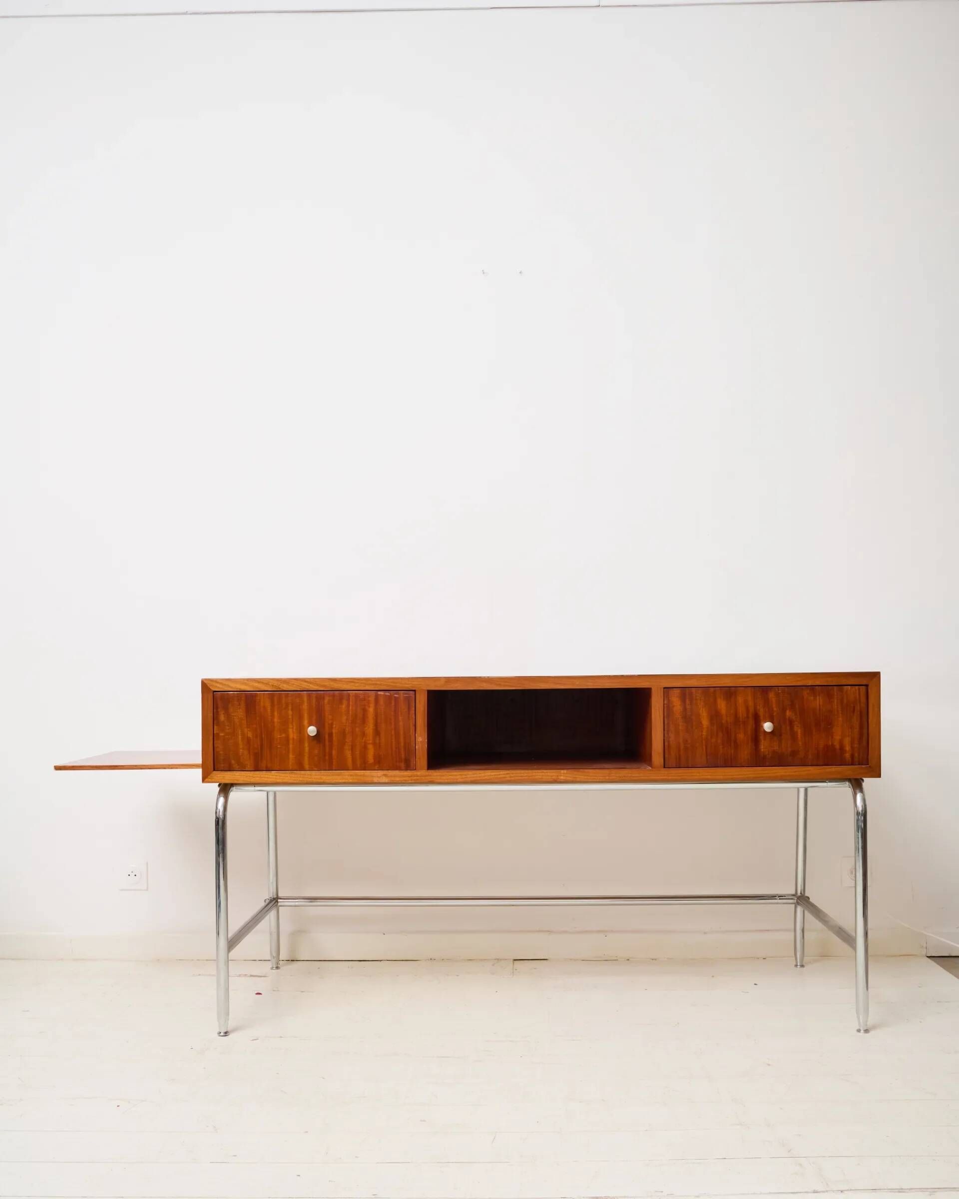 Mahogany and chrome metal desk, Italian manufacture, Italy, 1960s