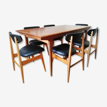 Teak table and 6 chairs, Scandinavian type, 1965