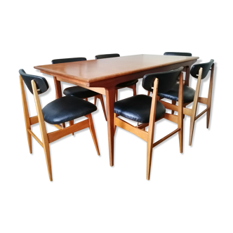 Teak table and 6 chairs, Scandinavian type, 1965